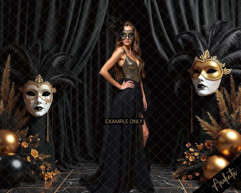 May include: A woman in a black dress and gold mask stands in front of a black backdrop with gold and black decorations. The text "EXAMPLE ONLY" is visible in the image.