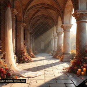May include: An architectural image of a stone colonnade with arched ceilings. The scene is decorated with floral arrangements in shades of red and orange, and lit by candles. A white drape hangs from the left, and sunlight streams through the arches.