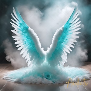 Beautiful White & Teal Angel Wings Digital Photography Backdrop, Angel Wings Digital Background Photography Backdrop Birthday Maternity Baby