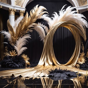Elegant Black & Gold Digital Photography Backdrop Feathers and Fabric Digital Background Photography Backdrop New Years, Birthday, Wedding
