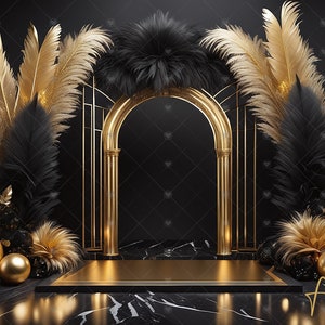 Elegant Black & Gold Digital Photography Backdrop Feathers and Balloons Digital Background Modern Photography Backdrop New Years, Birthday