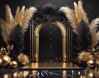 Elegant Black & Gold Digital Photography Backdrop Feathers and Balloons Digital Background Modern Photography Backdrop New Years, Birthday