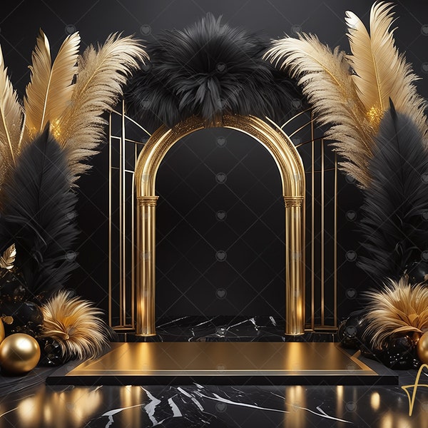 Elegant Black & Gold Digital Photography Backdrop Feathers and Balloons Digital Background Modern Photography Backdrop New Years, Birthday