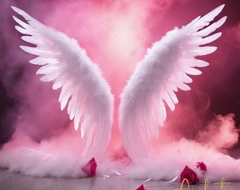 Hermoso rosa y blanco alas de ángel fotografía digital telón de fondo, alas de ángel fondo digital fotografía telón de fondo cumpleaños, maternidad