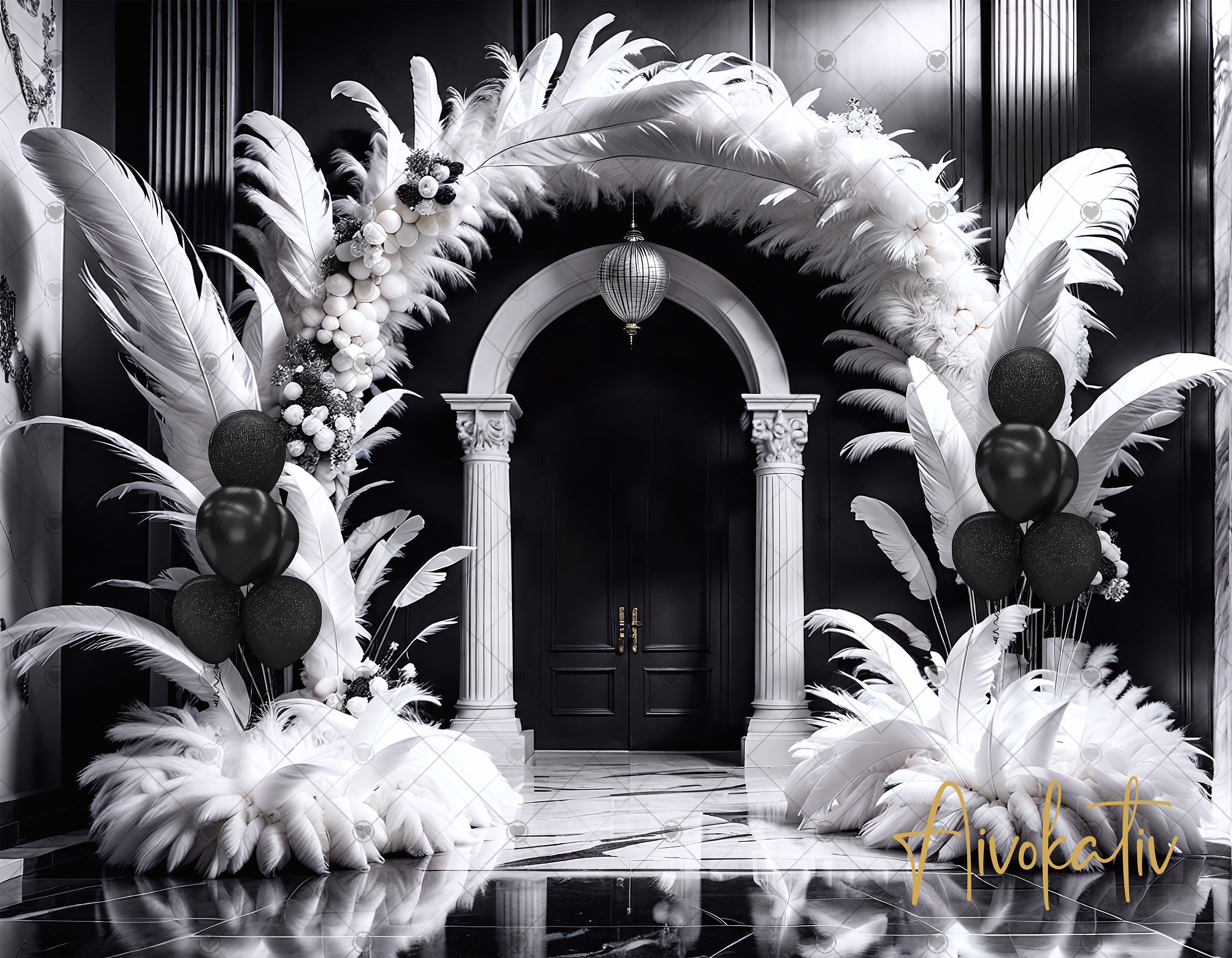 Elegant Black & White Digital Photography Backdrop Feathers and Balloons Digital Background Modern Photography Backdrop New Years, Birthday