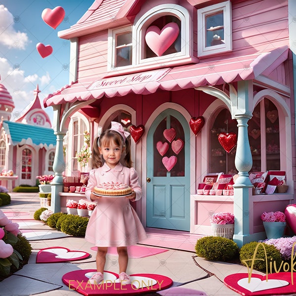 Valentine Sweet Shop Kids Digital Photography Backdrop, Digital Background Kids Backdrop, Kids Valentine Photography Background, Birthday