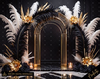 Elegante fondo para fotografía digital Art Déco en negro y dorado, estilo años 20, superposición de Photoshop para fondo digital Gatsby.