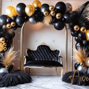 Elegant Black & Gold Digital Photography Backdrop Feathers and Balloons Digital Background Modern Photography Backdrop New Years, Birthday