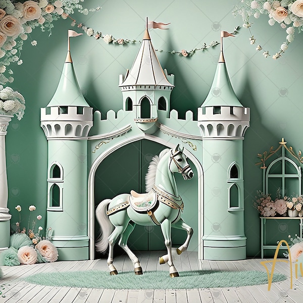 Adorable Castle with Horse Flowers Kids Digital Photography Backdrop, Digital Background Kids Photography Backdrop Fairytale Castle Backdrop