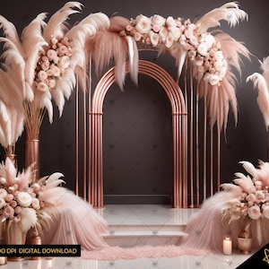 May include: A wedding arch decorated with blush pink pampas grass and roses. The arch is made of gold metal and has a geometric design. The arch is set up in front of a dark gray wall.