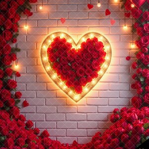 Roses & Glowing Heart Digital Photo Backdrop, Romantic Digital Background, Red Roses Digital Backdrop Photoshop Overlay, Valentine's Day