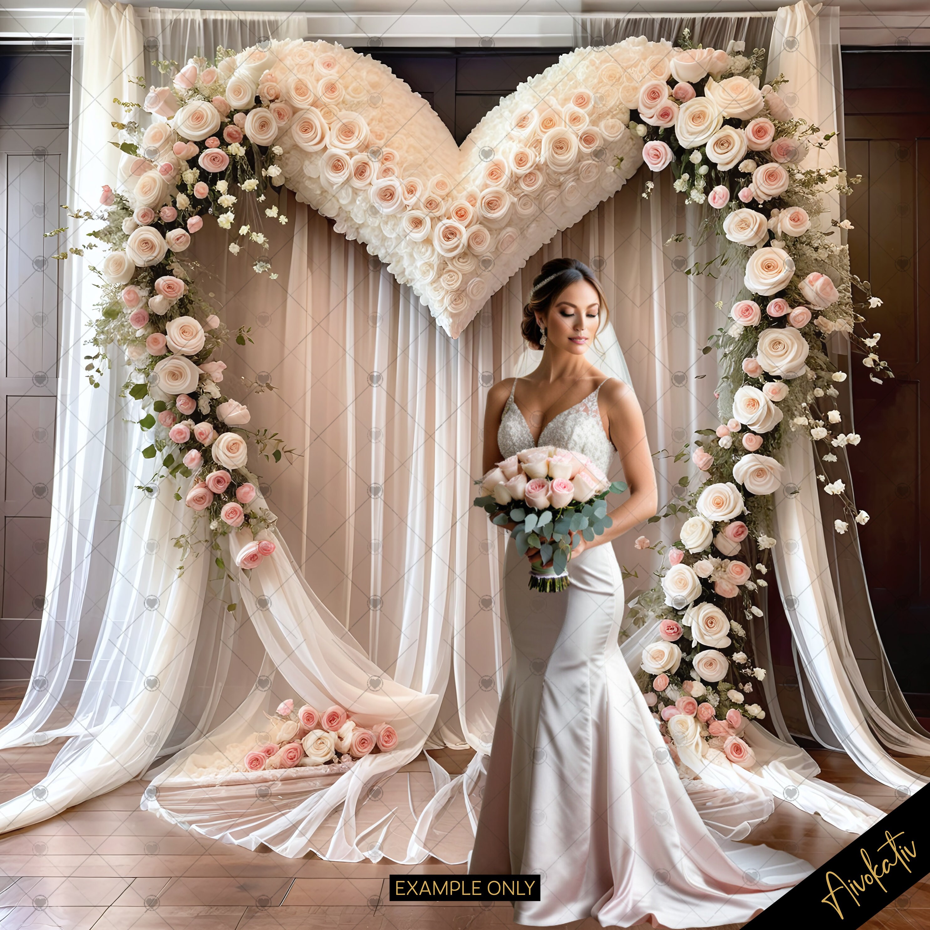 Romantic Wedding Floral Heart Digital Photography Backdrop Boho Digital ...