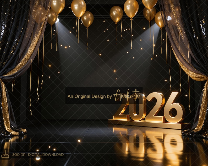 NYE 2026 Black & Gold Digital Backdrop, New Years 2026, Prom Event ...
