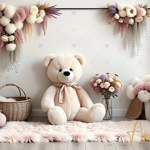 Adorable Boho Room and Teddy Bears Kids Digital Photography Backdrop, Boho Digital Background Kids Photography, Backdrop, Baby Boho Backdrop