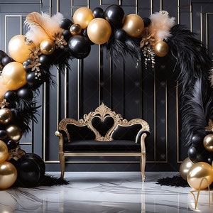 Elegant Black & Gold Digital Photography Backdrop Feathers and Balloons Digital Background Modern Photography Backdrop New Years, Birthday