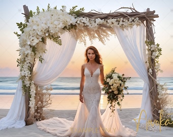 May include: A bride in a white lace wedding dress stands on a sandy beach, holding a bouquet of white roses. A wooden arch decorated with white flowers and draped with white fabric frames the scene. The background features the ocean and a sunset.