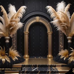 Puede incluir: Un arco dorado con columnas negras y doradas, decorado con grandes plumas doradas y tul negro. El arco está situado sobre un fondo negro.