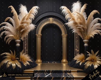 May include: A gold archway with black and gold columns, decorated with large golden feathers and black tulle. The archway is set against a black backdrop.