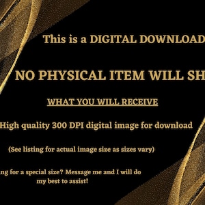May include: Text on a black background with gold glitter overlay. The text reads: "This is a DIGITAL DOWNLOAD only NO PHYSICAL ITEM WILL SHIP WHAT YOU WILL RECEIVE A High quality 300 DPI digital image for download (See listing for actual image size as sizes vary) Looking for a special size? Message me and I will do my best to assist!"