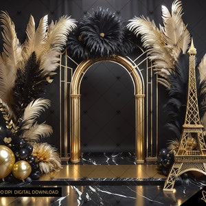 Elegante Black & Gold Eiffelturm Digital Fotografie Backdrop, Digitaler Hintergrund Fotografie Overlay Backdrop, Geburtstag, Jubiläum