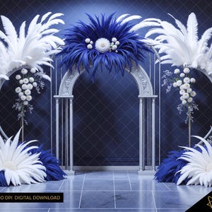 Könnte beinhalten: Ein digitaler Hintergrund mit einem silbernen Torbogen, der mit weißen und blauen Blumen- und Federarrangements geschmückt ist. Die Szene umfasst große, stilisierte Blumen und dekorative Elemente vor einem dunkelblauen Hintergrund. Der Text "300 DPI DIGITAL DOWNLOAD" ist sichtbar.