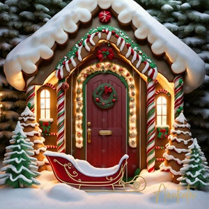 Christmas Gingerbread House and Sleigh Digital Photography Backdrop, Holiday Background, Photography Backdrop Christmas Backdrop Gingerbread