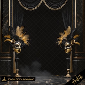 Puede incluir: Un escenario teatral con dos máscaras de carnaval doradas y negras sobre pedestales. Cada máscara está adornada con plumas y flores. El fondo presenta cortinas negras y una pared estampada. Incluye el texto "300 DPI DIGITAL DOWNLOAD".