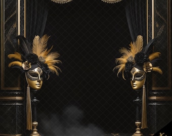 Elegant Black & Gold Masquerade Digital Photography Backdrop, Masquerade Photo Backdrop, Black and Gold Digital Backdrop, Graduation, Prom