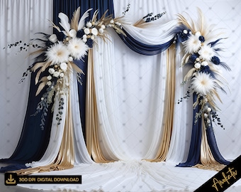 May include: A white backdrop with a gold and navy blue fabric backdrop. The fabric is draped in a way to create an archway. The archway is decorated with white and gold dried flowers and feathers.