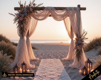 May include: A beach wedding arch decorated with flowers and flowing fabric. The wooden arch is adorned with floral arrangements in shades of peach, blue, and green. Sheer, cream-colored fabric drapes from the top. Lanterns and candles line the aisle, creating a romantic ambiance.