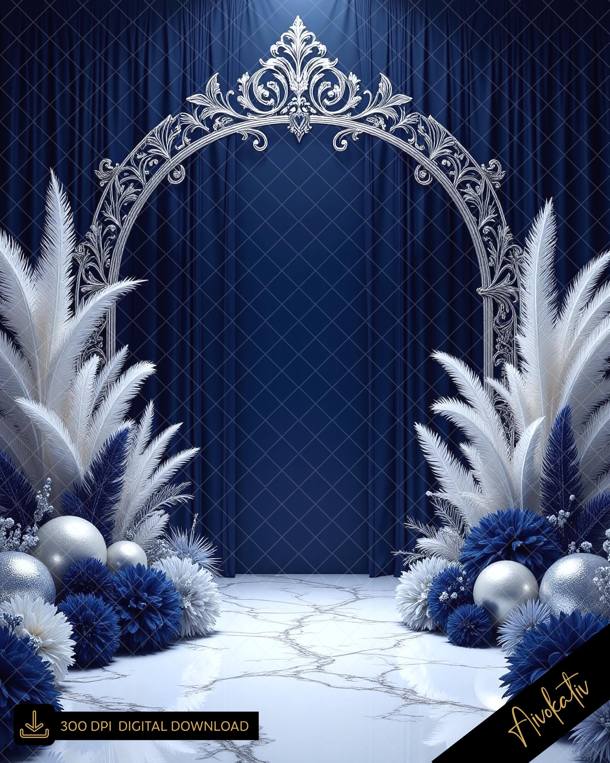 Avezano Sfondo Fotografico Blu E Argento Con Palloncini Per Compleanno E Laurea – 210x150 Cm, Tessuto Di Cotone Anti-piega, Riutilizzabile
