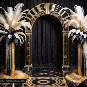 Puede incluir: Un arco negro y dorado con cortinas de terciopelo negro y dos jarrones altos de oro con plumas blancas y negras. El suelo es negro y dorado con un patrón geométrico.