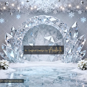 May include: A digital backdrop featuring a winter wonderland scene. The design includes a large crystal arch, crystal formations, and snowflakes. The text "An Original Design by Aivokativ" is visible. The scene is decorated with candles, white flowers, and hanging ornaments.