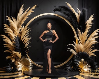 Elegant Black & Gold Digital Photography Backdrop Feathers and Pampas Digital Background Modern Photography Backdrop Birthday, Anniversary