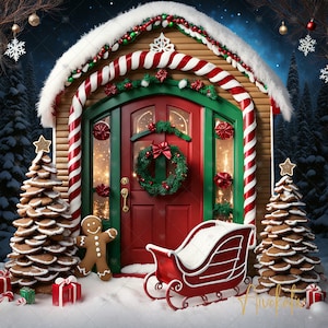 Christmas Gingerbread House and Sleigh Digital Photography Backdrop, Holiday Background, Photography Backdrop Christmas Backdrop Gingerbread