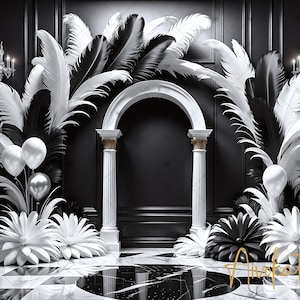 May include: A black and white themed photo backdrop with white feathers, white balloons, and white flowers. The backdrop is in a room with black walls and white columns.