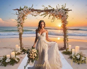 Rustic Beach Wedding Arch Digital Photography Backdrop Candles and Flowers Digital Background Boho Photography Backdrop Wedding, Romantic