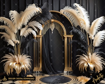 Elegante fondo de fotografía digital Art Déco negro y dorado, fondo digital estilo rugiente de los años 20, superposición de Photoshop de fondo digital Gatsby