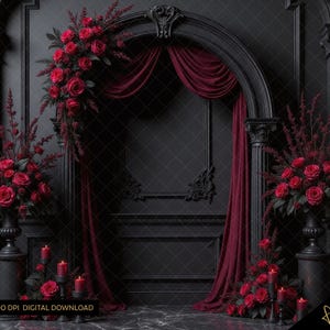 May include: A dark, gothic-style backdrop featuring a black archway draped with burgundy fabric. Red roses and floral arrangements adorn the scene, with candles adding a warm glow. The image has a digital download label.