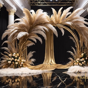 Elegant Black & Gold Digital Photography Backdrop Feathers and Flowers Digital Background Photography Backdrop New Years, Birthday, Wedding