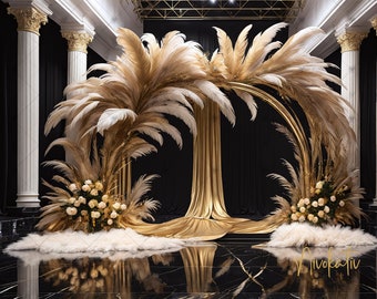 Elegant Black & Gold Digital Photography Backdrop Feathers and Flowers Digital Background Photography Backdrop New Years, Birthday, Wedding