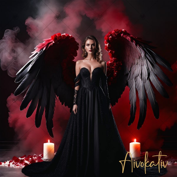 Beautiful Red & Black Angel Wings Digital Photography Backdrop, Gothic Wings Digital Background Photography Backdrop Birthday, Maternity