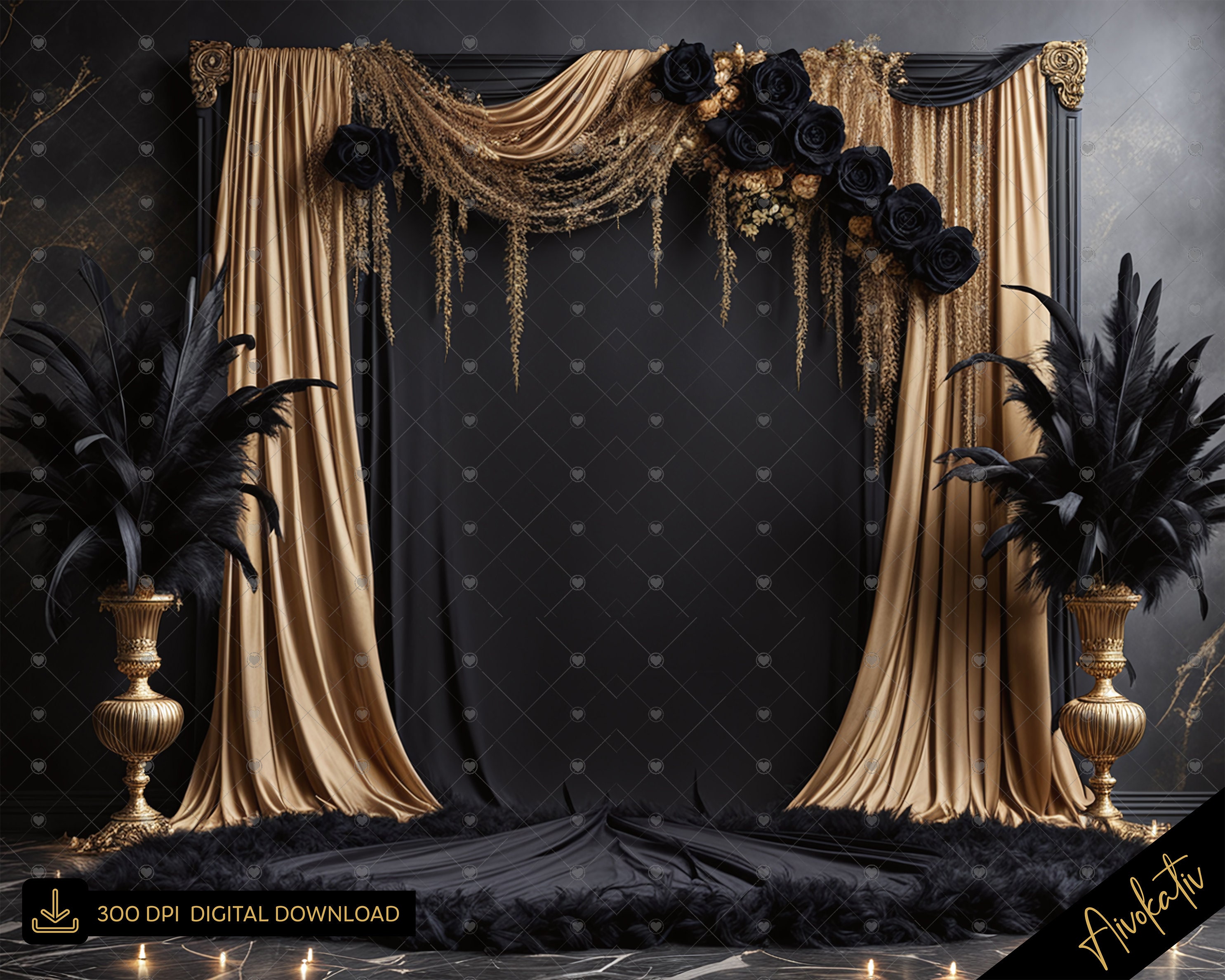 Elegant Black & Gold Gothic Digital Photography Backdrop, Roaring 20's Style Digital Background, Gatsby Digital Backdrop Photoshop Overlay