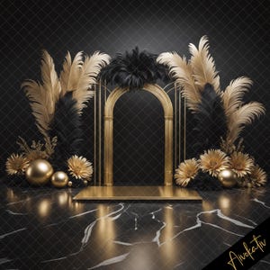 Elegant Black & Gold Digital Photography Backdrop Feathers and Flowers Digital Background Modern Photography Backdrop New Years, Birthday