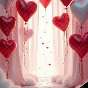 Red & White Hearts Digital Photo Backdrop, Heart Balloons Digital Background, Red White Digital Backdrop Photoshop Overlay, Valentine&#39;s Day