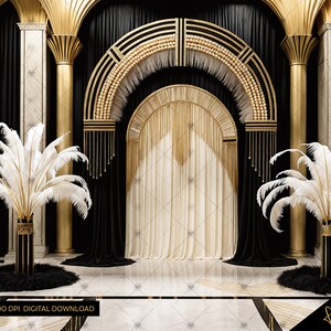 Elegante fondo de fotografía digital Art Déco negro y dorado, fondo digital estilo rugiente de los años 20, superposición de Photoshop de fondo digital Gatsby