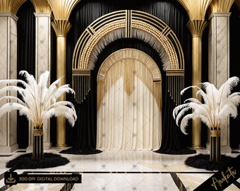 Elegante fondo de fotografía digital Art Déco negro y dorado, fondo digital estilo rugiente de los años 20, superposición de Photoshop de fondo digital Gatsby