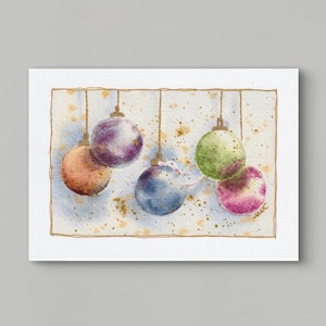 Hand-Embellished Giclée Fine Art Print - Holiday Card with Gold Accents, Watercolor Ornament Christmas Card