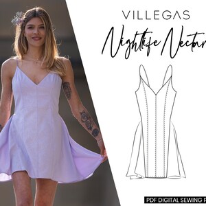 May include: A digital sewing pattern for a sleeveless dress with a V-neckline and a fitted bodice. The pattern is called "Nightlife Nectar" by Villegas. The pattern is available as a PDF download.