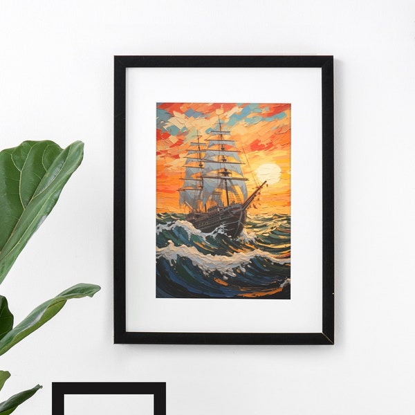 Sailing Into Sunset - Art Print of a Vintage Ship - Oil Painting - Print - Framed - Framed Artwork